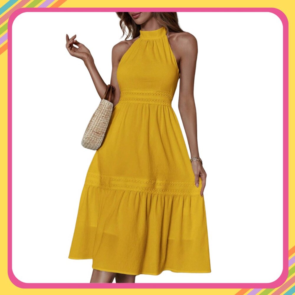 Lace Panel Ruffle Hem Halter Dress